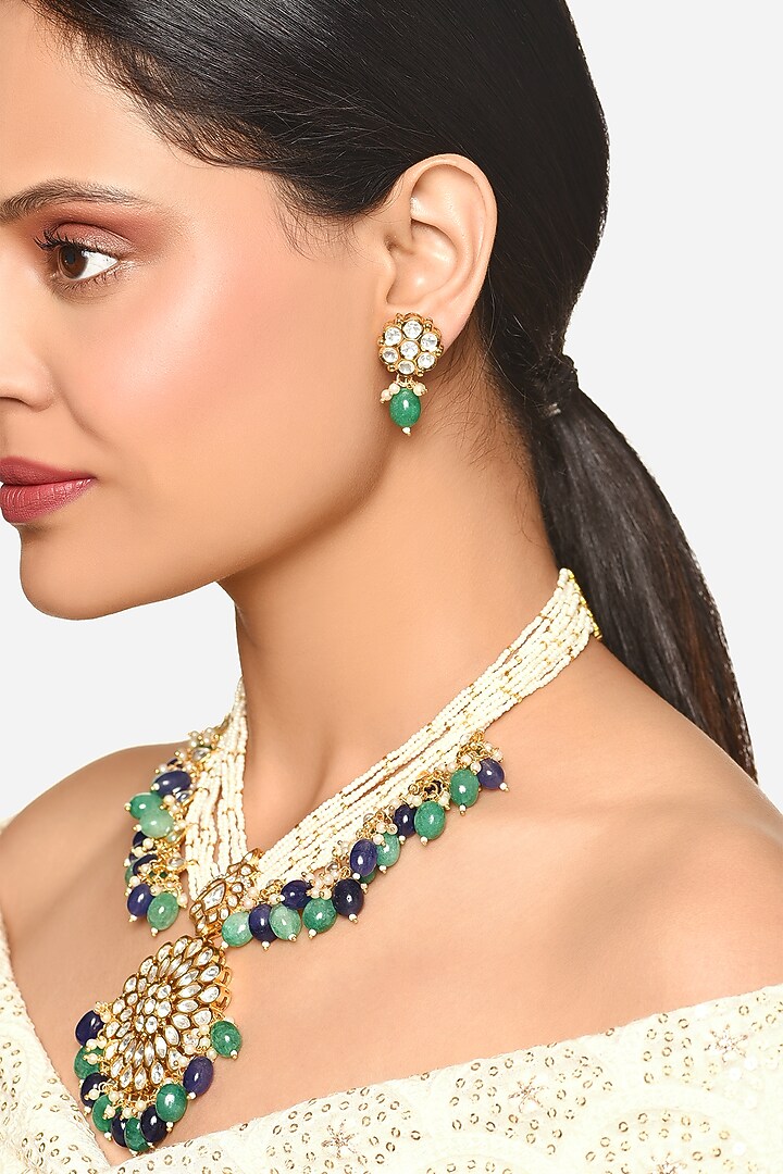 Golf Finish Floral Motifs & Turquoise Stone Pendant Necklace Set by Raga Baubles at Pernia's Pop Up Shop