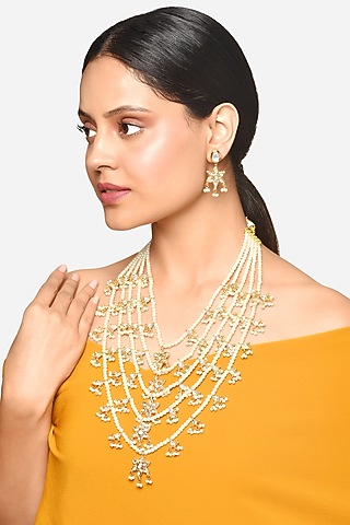 Gold Finish White Stone & Pearl Layered Chain Necklace Set by Raga Baubles