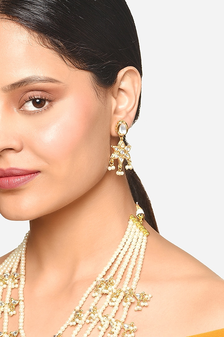 Gold Finish White Stone & Pearl Layered Chain Necklace Set by Raga Baubles at Pernia's Pop Up Shop