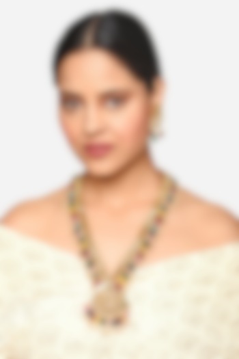 Gold Finish Kundan Polki & Multi-Colored Stone Long Pendant Necklace Set by Raga Baubles at Pernia's Pop Up Shop