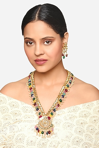 Gold Finish Kundan Polki & Multi-Colored Stone Long Pendant Necklace Set by Raga Baubles