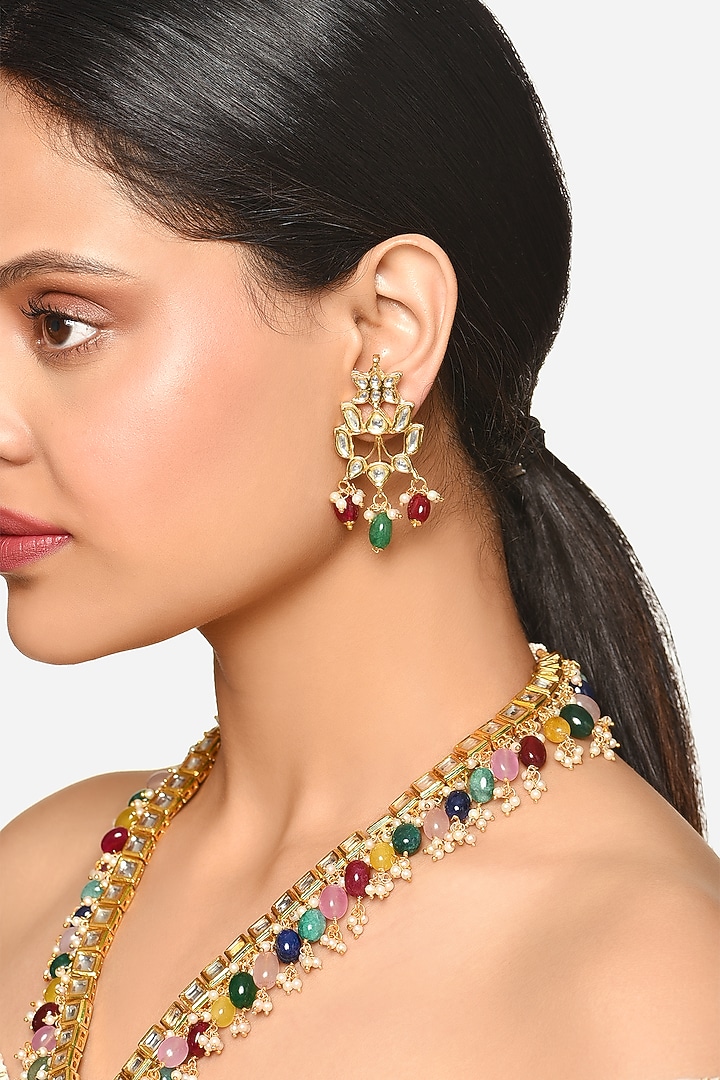 Gold Finish Kundan Polki & Multi-Colored Stone Long Pendant Necklace Set by Raga Baubles at Pernia's Pop Up Shop