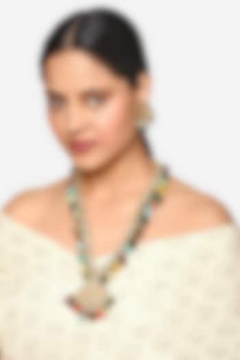 Gold Finish Kundan Polki & Multi-Colored Stone Long Pendant Necklace Set by Raga Baubles at Pernia's Pop Up Shop