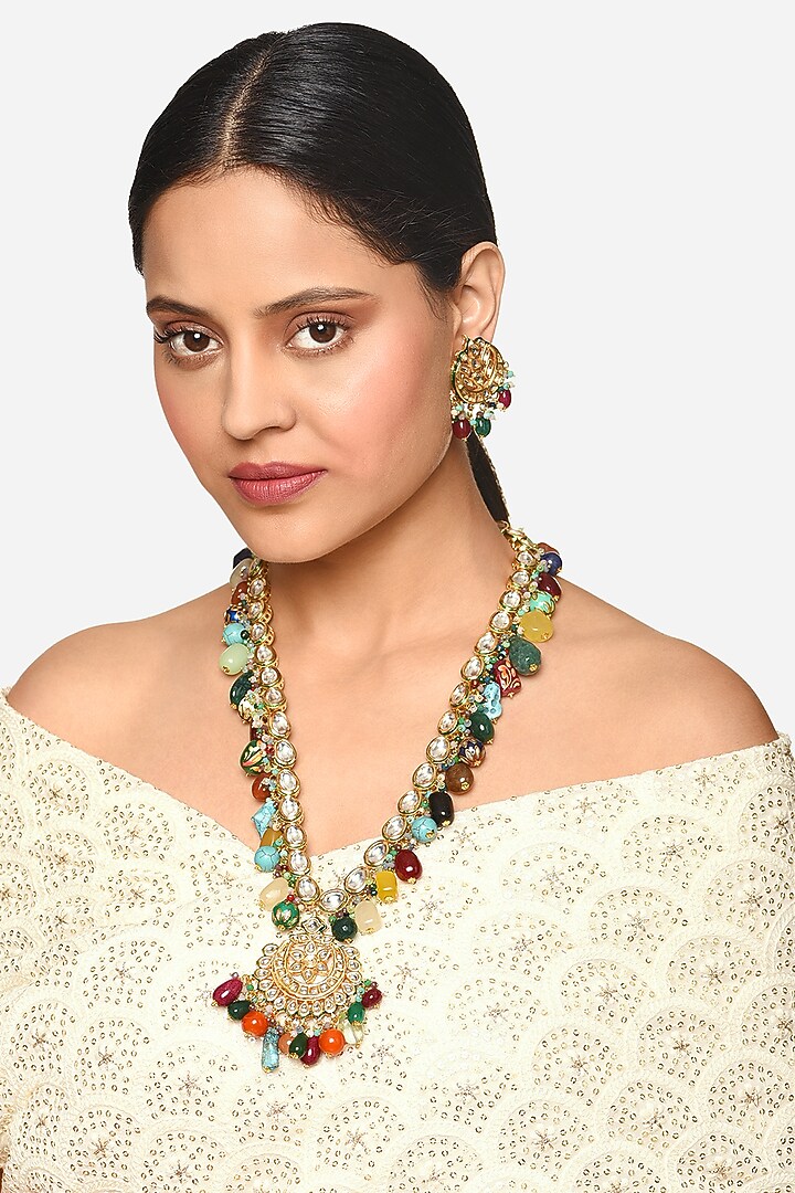 Gold Finish Kundan Polki & Multi-Colored Stone Long Pendant Necklace Set by Raga Baubles at Pernia's Pop Up Shop