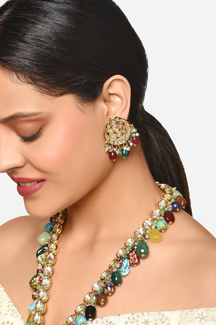 Gold Finish Kundan Polki & Multi-Colored Stone Long Pendant Necklace Set by Raga Baubles at Pernia's Pop Up Shop