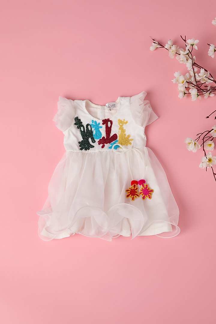 White Organza Bead Hand Embroidered Dress For Girls by Rage Attire