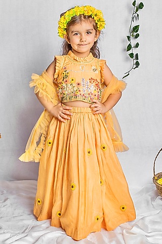 Peachish Orange Bemberg Silk Floral Hand Embroidered Lehenga Set For Girls by Rage Attire
