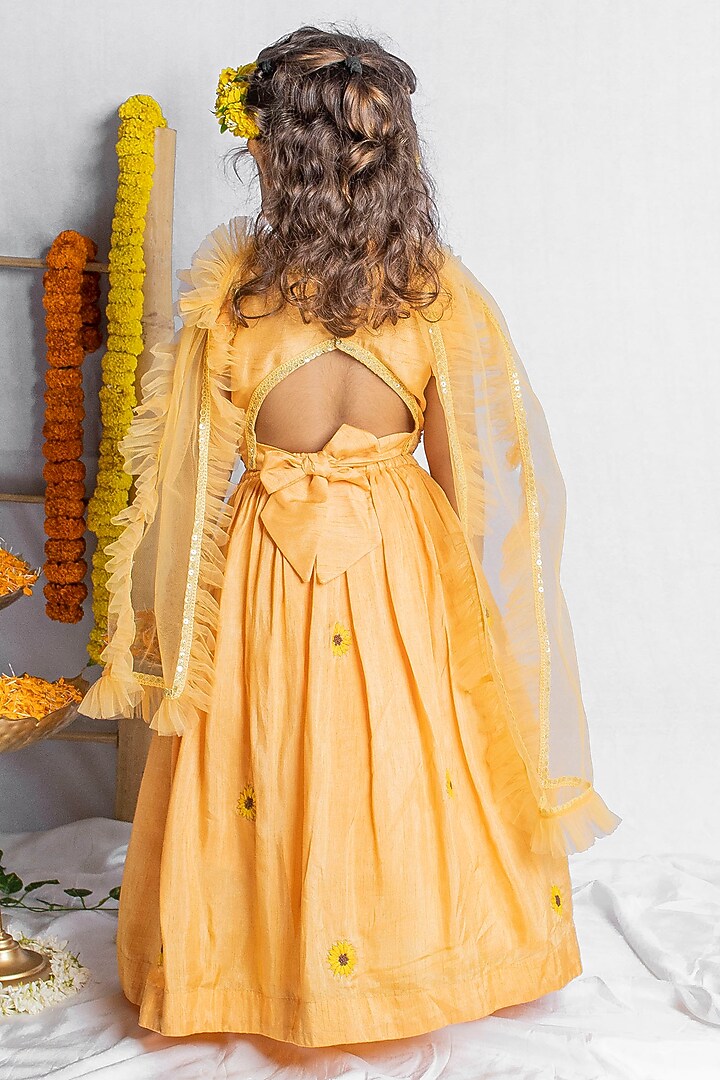 Peachish Orange Bemberg Silk Floral Hand Embroidered Lehenga Set For Girls by Rage Attire at Pernia's Pop Up Shop