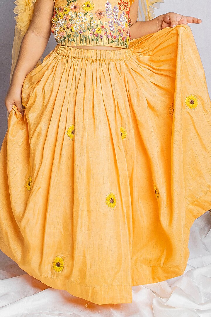 Peachish Orange Bemberg Silk Floral Hand Embroidered Lehenga Set For Girls by Rage Attire at Pernia's Pop Up Shop