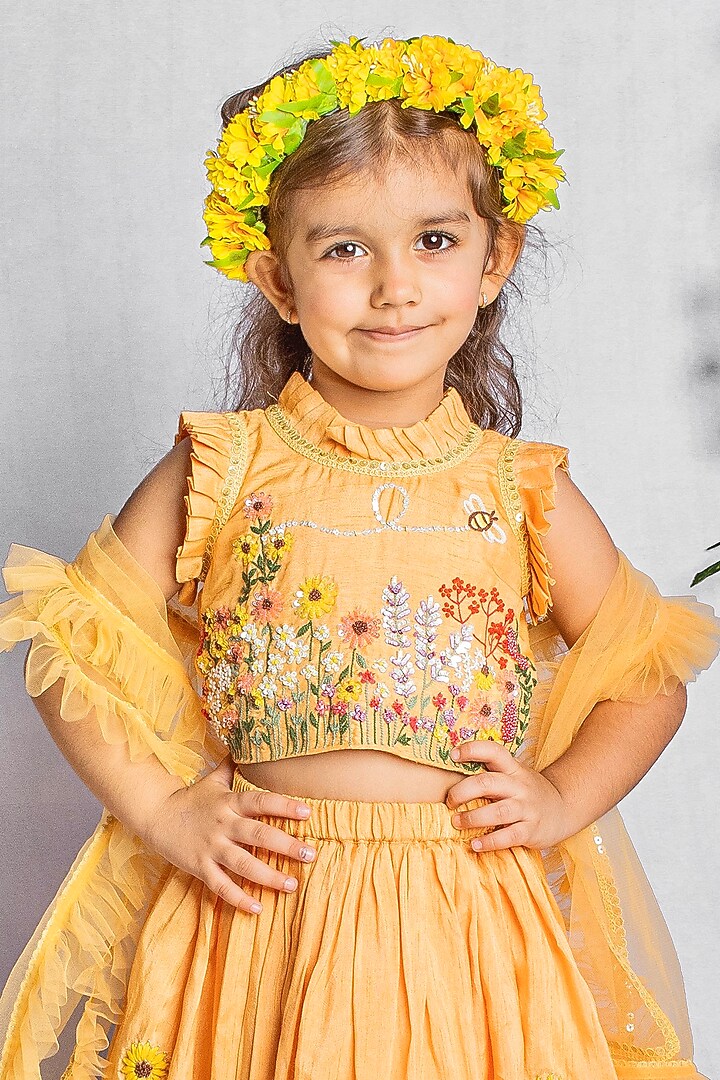 Peachish Orange Bemberg Silk Floral Hand Embroidered Lehenga Set For Girls by Rage Attire at Pernia's Pop Up Shop