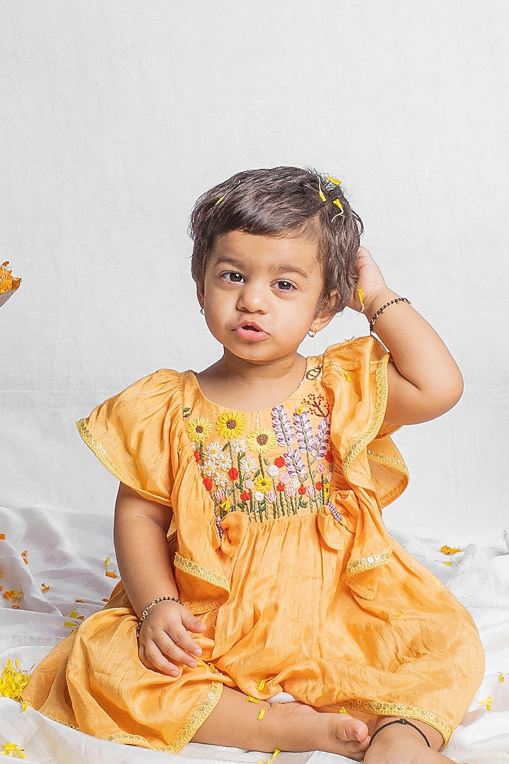 Peachish Orange Bemberg Silk Floral Hand Embroidered Dress For Girls by Rage Attire
