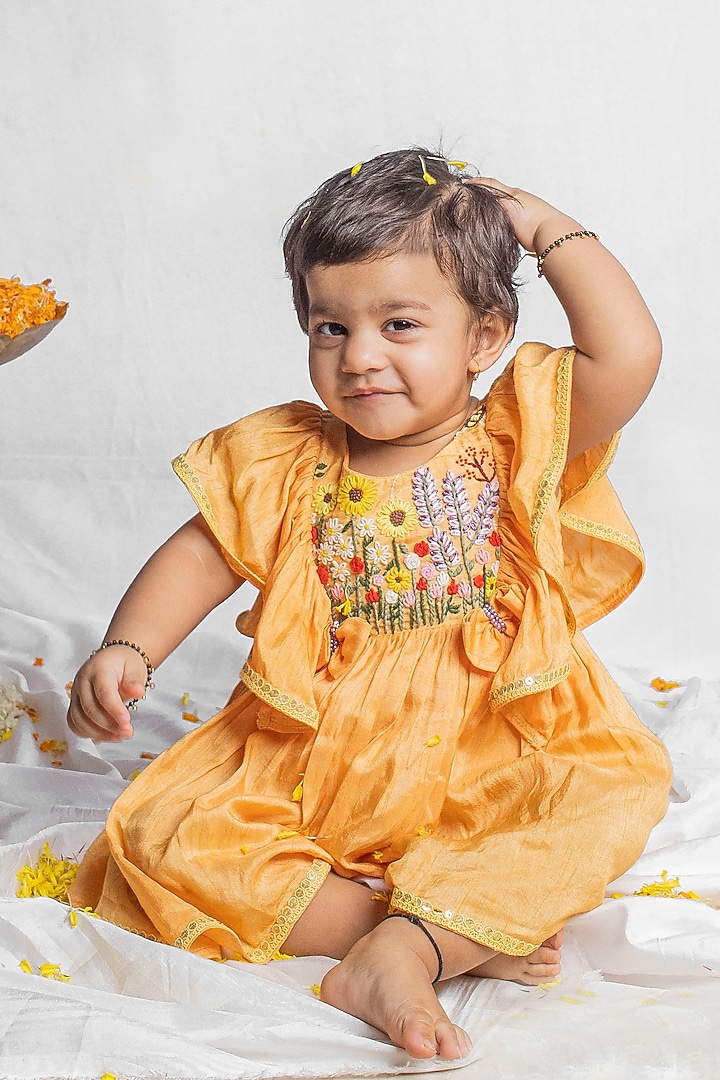 Peachish Orange Bemberg Silk Floral Hand Embroidered Dress For Girls by Rage Attire at Pernia's Pop Up Shop
