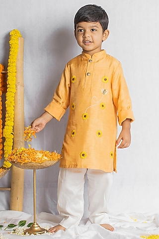 Peachish Orange Bemberg Silk Floral Hand Embroidered Kurta Set For Boys by Rage Attire