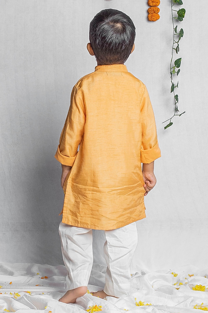 Peachish Orange Bemberg Silk Floral Hand Embroidered Kurta Set For Boys by Rage Attire at Pernia's Pop Up Shop