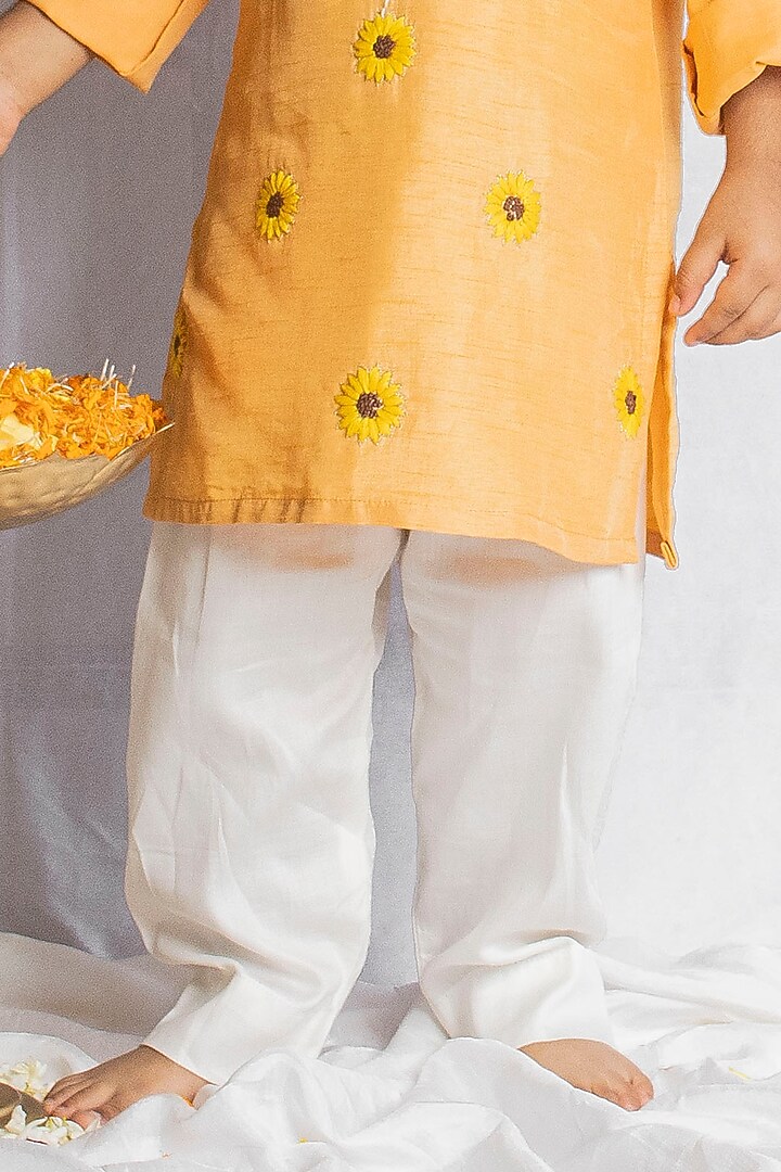 Peachish Orange Bemberg Silk Floral Hand Embroidered Kurta Set For Boys by Rage Attire at Pernia's Pop Up Shop