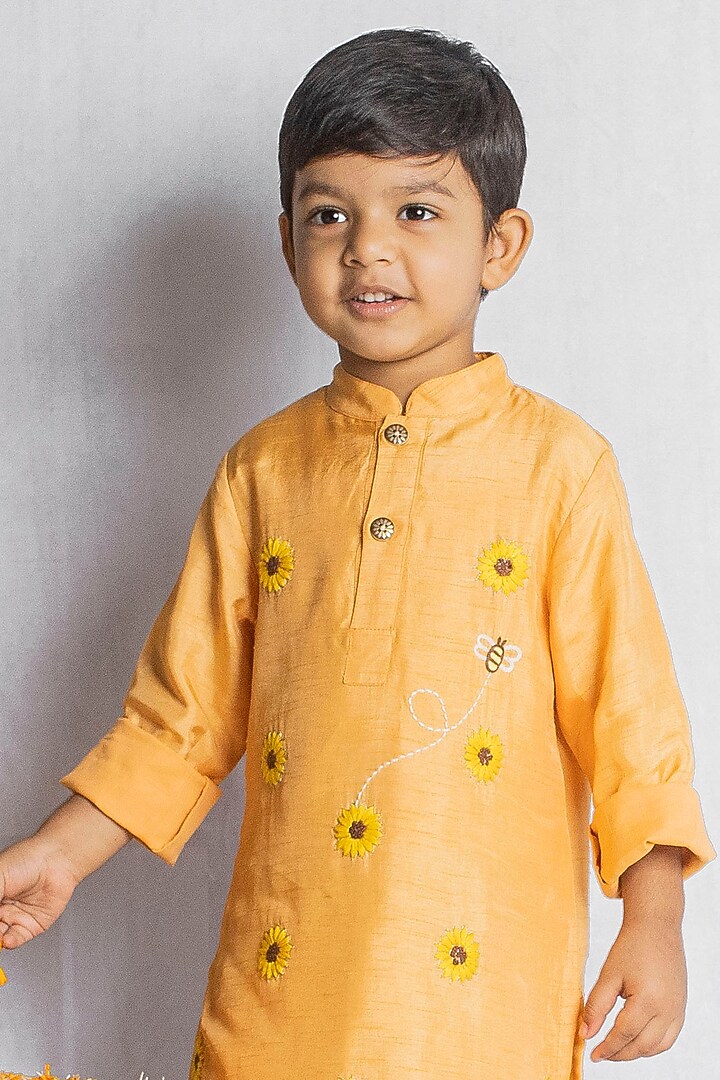 Peachish Orange Bemberg Silk Floral Hand Embroidered Kurta Set For Boys by Rage Attire at Pernia's Pop Up Shop
