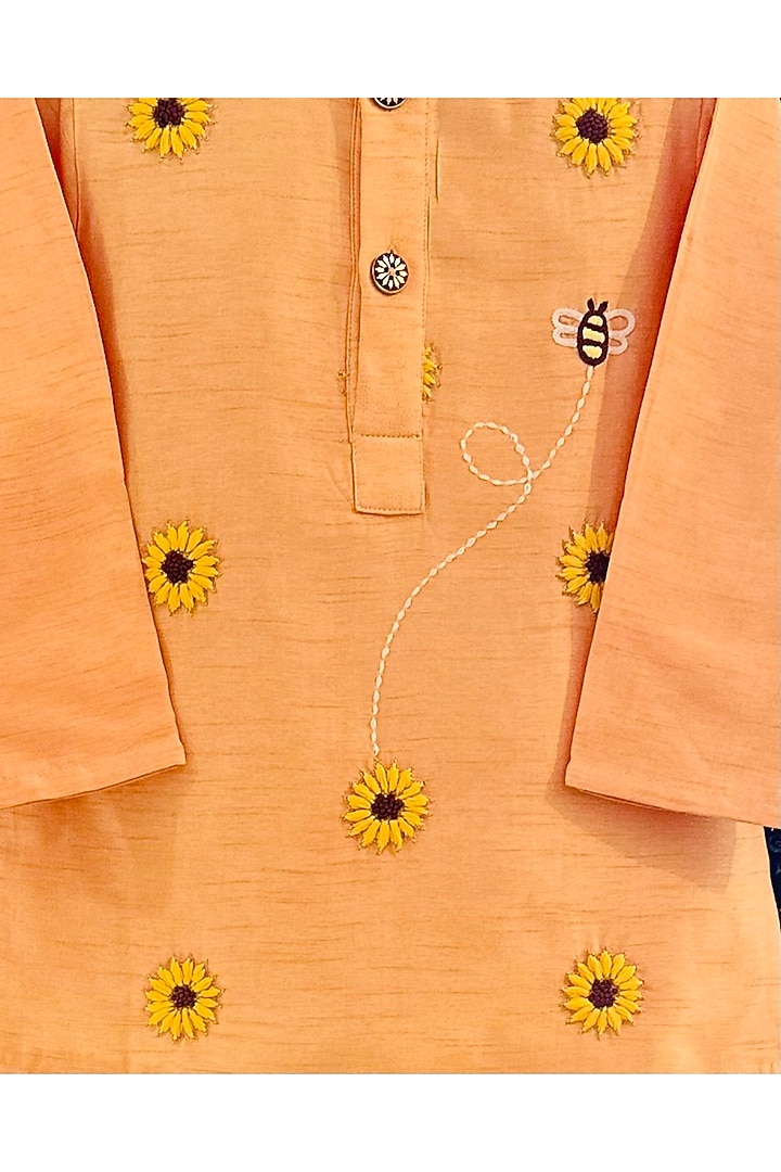 Peachish Orange Bemberg Silk Floral Hand Embroidered Kurta Set For Boys by Rage Attire at Pernia's Pop Up Shop