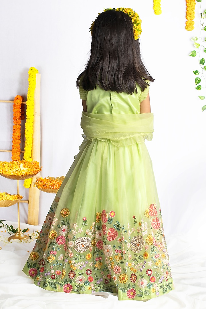 Green Organza & Satin Resham Embroidered Floral lehenga Set For Girls by Rage Attire at Pernia's Pop Up Shop