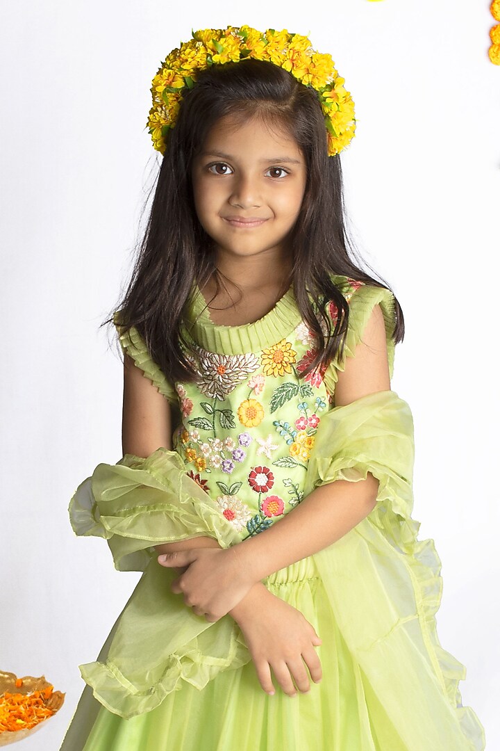 Green Organza & Satin Resham Embroidered Floral lehenga Set For Girls by Rage Attire at Pernia's Pop Up Shop