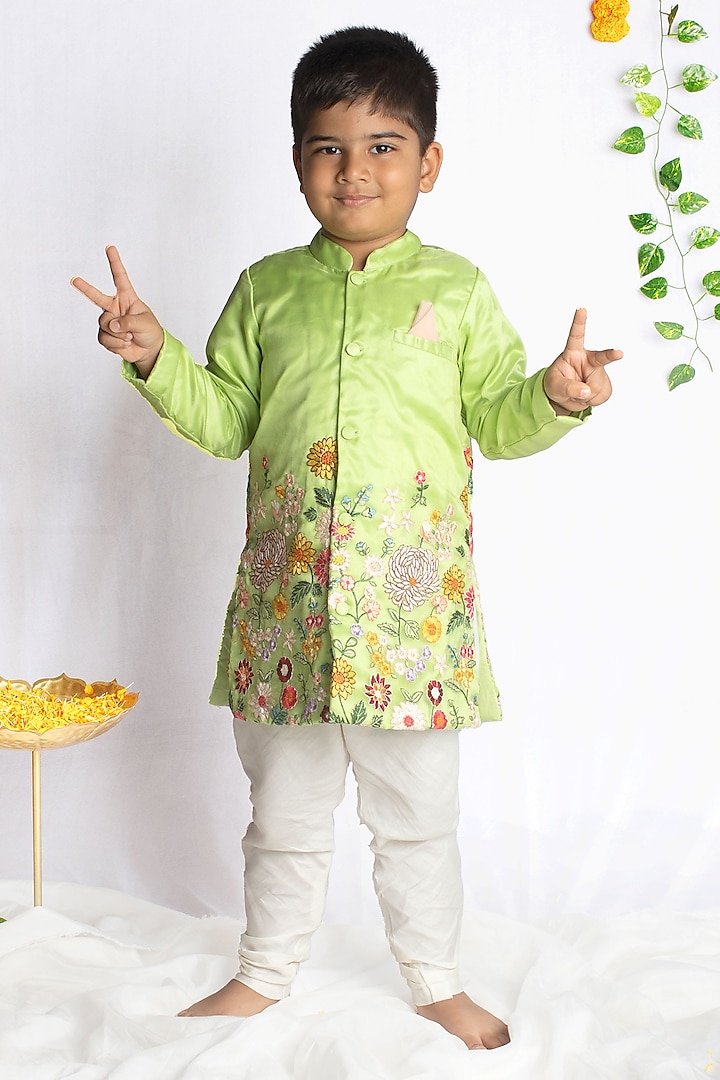 Green Organza Floral Resham Embroidered Sherwani Set For Boys by Rage Attire