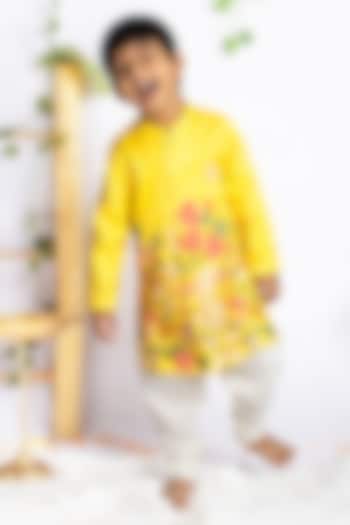 Yellow Organza Floral Resham Embroidered Sherwani Set For Boys by Rage Attire