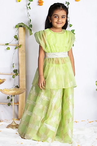 Pastel Green Organza Geometric Gota Embroidered Lehenga Set For Girls by Rage Attire