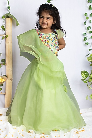 Pastel Green Organza & Bemberg Silk Lehenga Set For Girls by Rage Attire