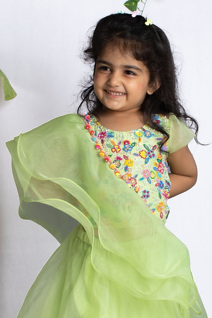 Pastel Green Organza & Bemberg Silk Lehenga Set For Girls by Rage Attire at Pernia's Pop Up Shop