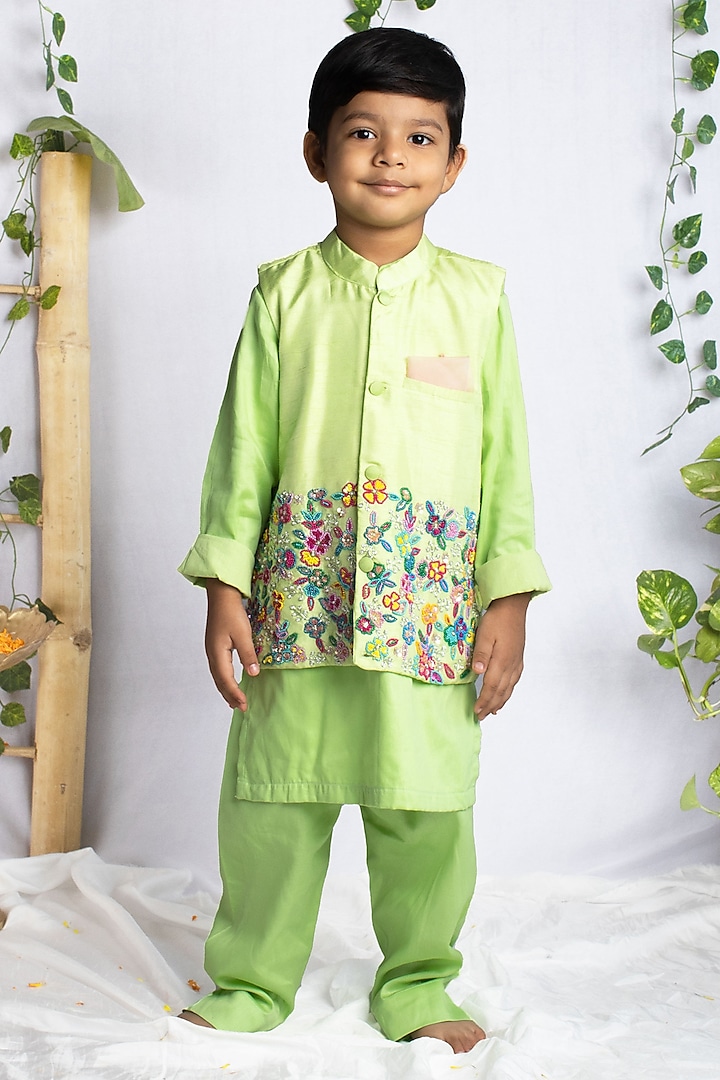 Pastel Green Bemberg Silk Zardosi Hand Embroidered Nehru Jacket Set For Boys by Rage Attire