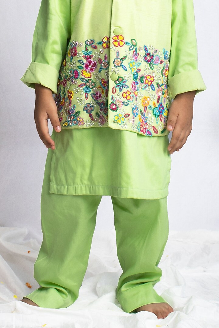 Pastel Green Bemberg Silk Zardosi Hand Embroidered Nehru Jacket Set For Boys by Rage Attire at Pernia's Pop Up Shop