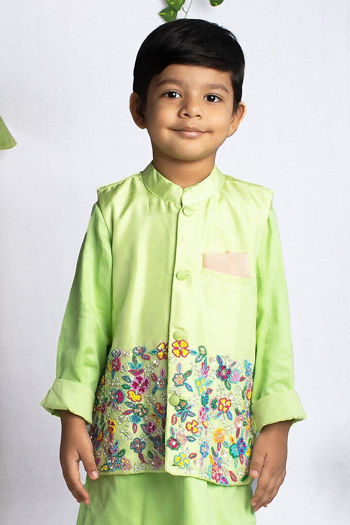 Pastel Green Bemberg Silk Zardosi Hand Embroidered Nehru Jacket Set For Boys by Rage Attire at Pernia's Pop Up Shop