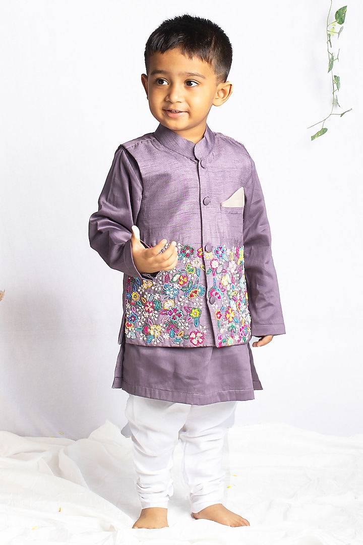 Greyish Violet Bemberg Silk Zardosi Hand Embroidered Nehru Jacket Set For Boys by Rage Attire
