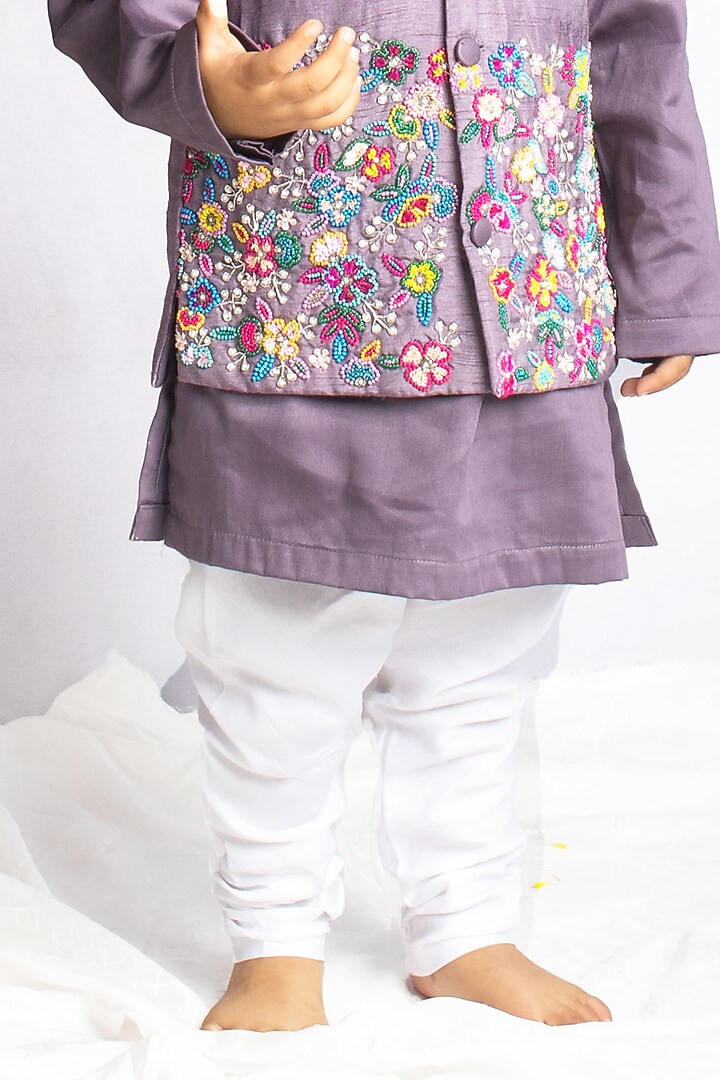 Greyish Violet Bemberg Silk Zardosi Hand Embroidered Nehru Jacket Set For Boys by Rage Attire at Pernia's Pop Up Shop