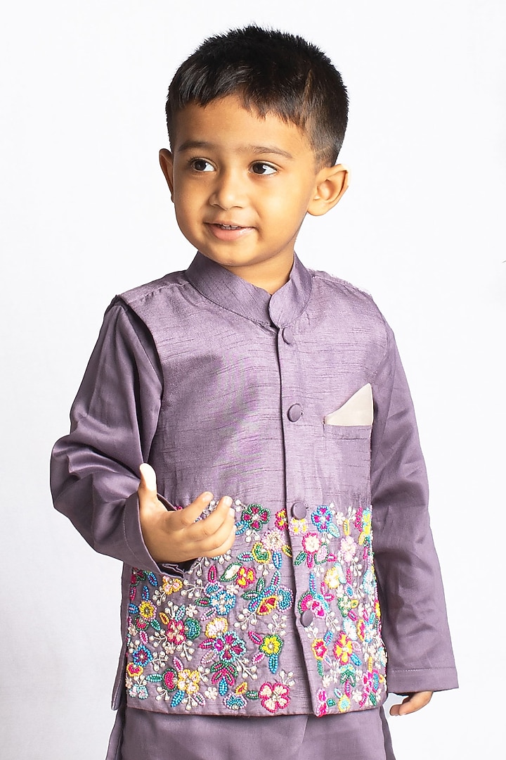 Greyish Violet Bemberg Silk Zardosi Hand Embroidered Nehru Jacket Set For Boys by Rage Attire at Pernia's Pop Up Shop