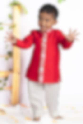 Red Bemberg Silk & Cotton Silk Sequins Embroidered Sherwani Set For Boys by Rage Attire