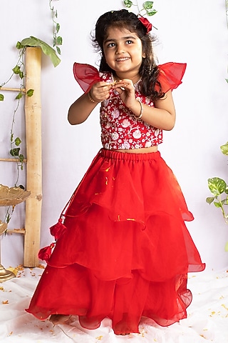 Red Bemberg Silk Ruffled Layered Lehenga Set For Girls by Rage Attire