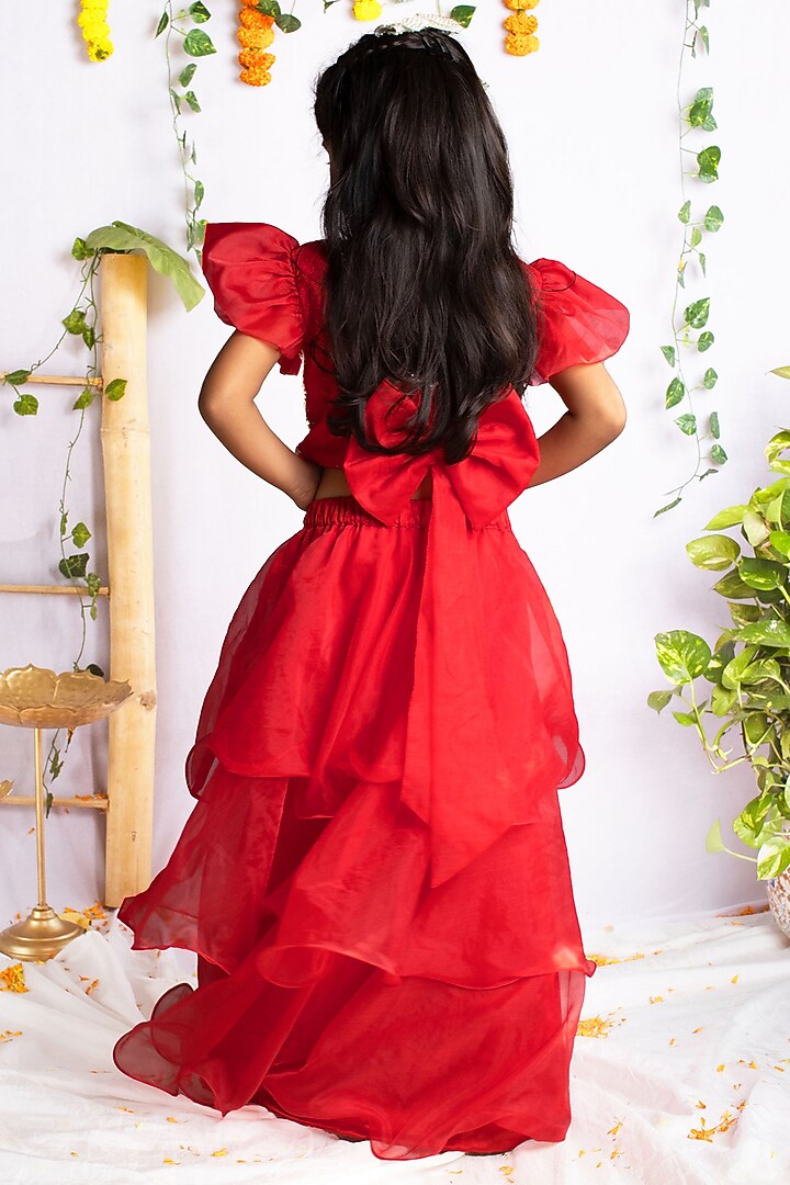 Red Bemberg Silk Ruffled Layered Lehenga Set For Girls by Rage Attire at Pernia's Pop Up Shop
