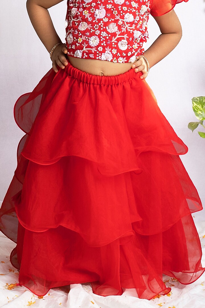 Red Bemberg Silk Ruffled Layered Lehenga Set For Girls by Rage Attire at Pernia's Pop Up Shop