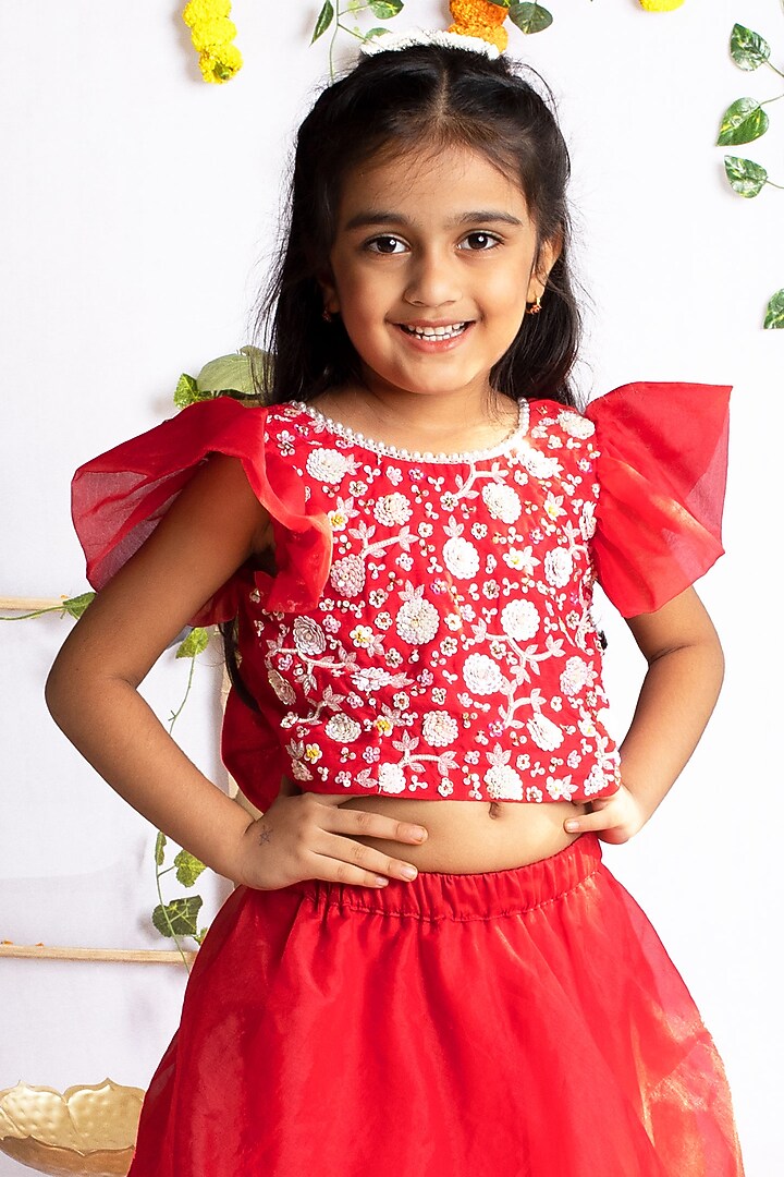 Red Bemberg Silk Ruffled Layered Lehenga Set For Girls by Rage Attire at Pernia's Pop Up Shop