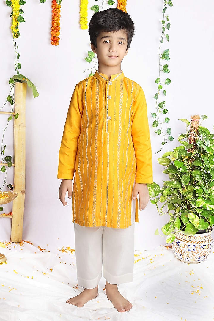 Yellow Chanderi Silk & Bemberg Silk Gota Embroidered Kurta Set For Boys by Rage Attire