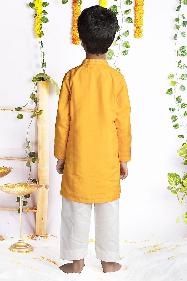 Yellow Chanderi Silk & Bemberg Silk Gota Embroidered Kurta Set For Boys by Rage Attire at Pernia's Pop Up Shop