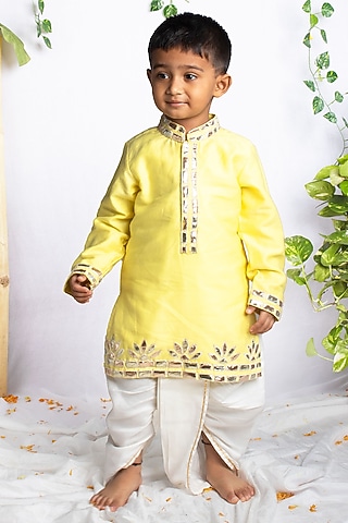 Pastel Yellow Cotton Silk Gota Embroidered Kurta Set For Boys by Rage Attire