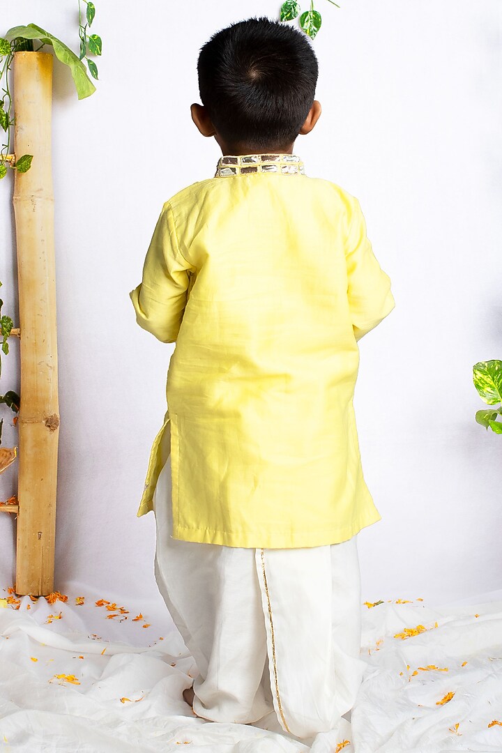 Pastel Yellow Cotton Silk Gota Embroidered Kurta Set For Boys by Rage Attire at Pernia's Pop Up Shop