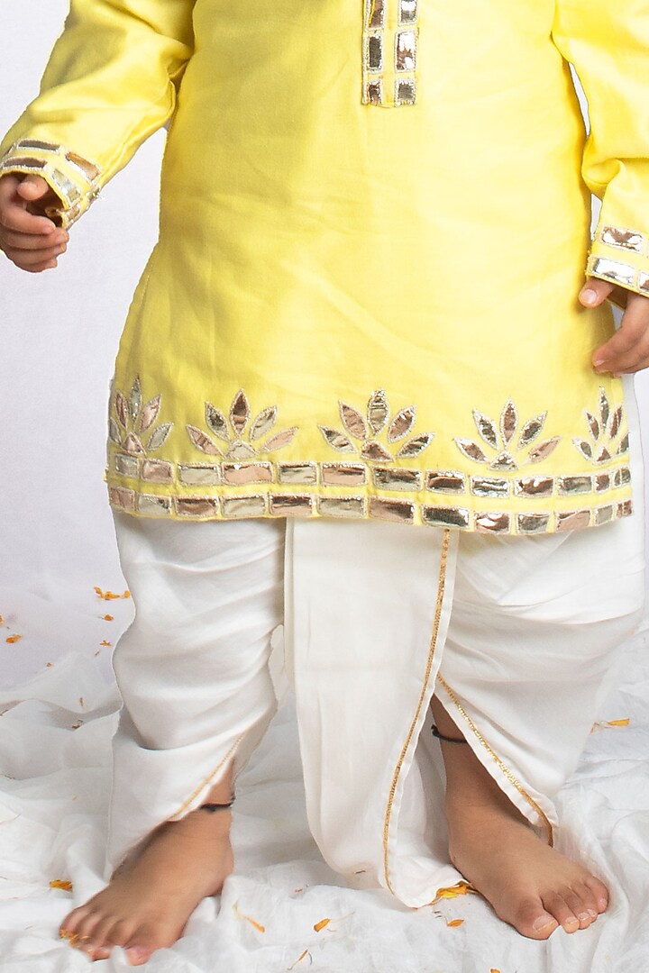 Pastel Yellow Cotton Silk Gota Embroidered Kurta Set For Boys by Rage Attire at Pernia's Pop Up Shop