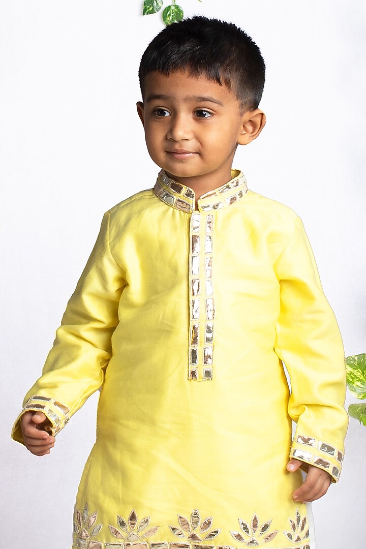 Pastel Yellow Cotton Silk Gota Embroidered Kurta Set For Boys by Rage Attire at Pernia's Pop Up Shop