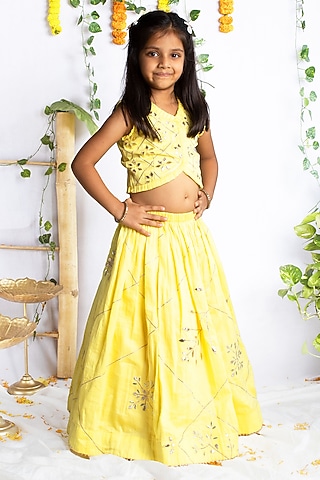 Pastel Yellow Cotton Silk Lehenga Set For Girls by Rage Attire