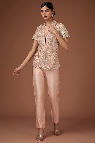 Pink Silk Organza Aari Hand Embroidered Co-Ord Set by Rahul Singh