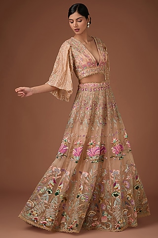 Pink Silk Organza Aari & Floral Hand Embroidered Lehenga Set by Rahul Singh