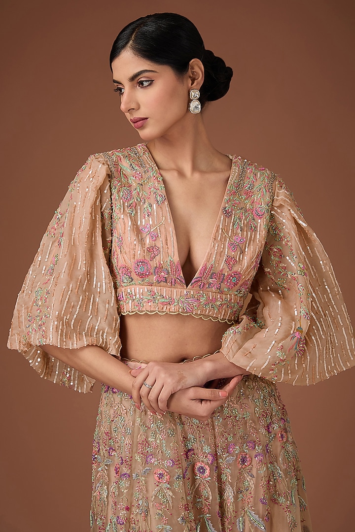 Pink Silk Organza Aari & Floral Hand Embroidered Bridal Lehenga Set by Rahul Singh at Pernia's Pop Up Shop