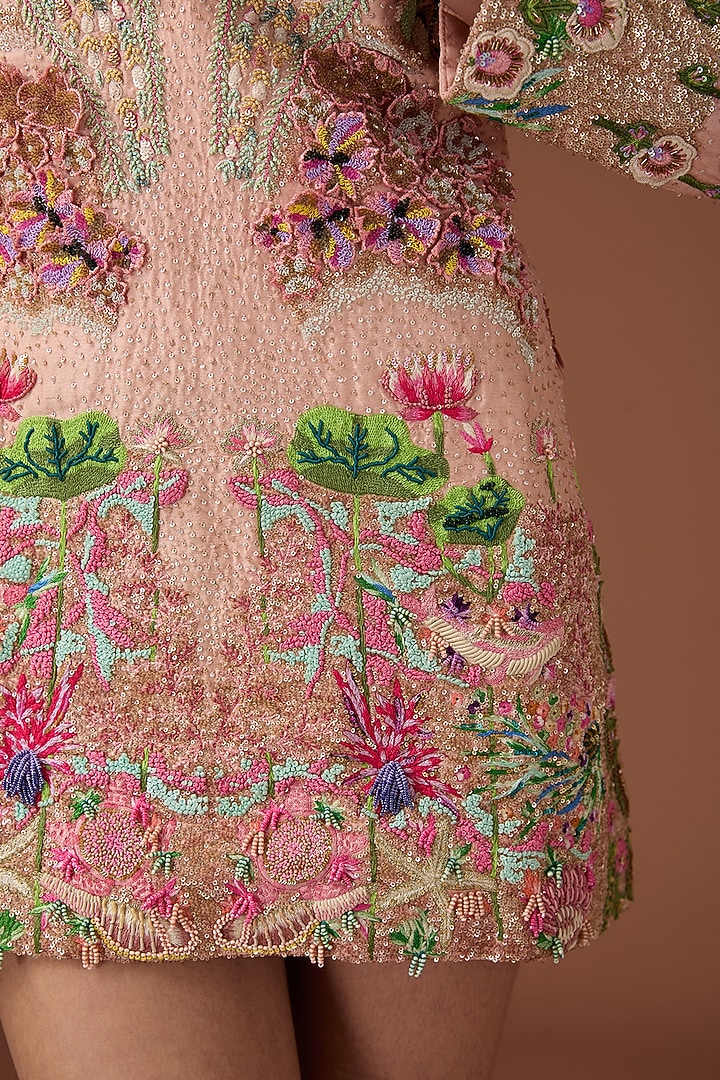 Pink Chanderi Silk Aari & Floral Hand Embroidered Mini Party Wear Dress by Rahul Singh at Pernia's Pop Up Shop